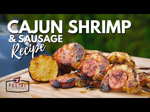 Grilled Cajun Shrimp and Sausage Recipe - How To BBQ Shrimp Skewers on a Kettle Grill