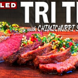Grilled Pepper Garlic Tri Tip With Toasted Almond Chimichurri Sauce