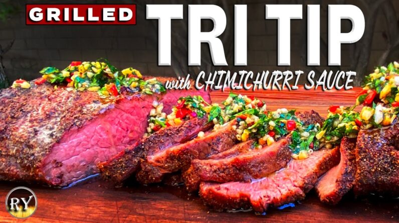 Grilled Pepper Garlic Tri Tip With Toasted Almond Chimichurri Sauce